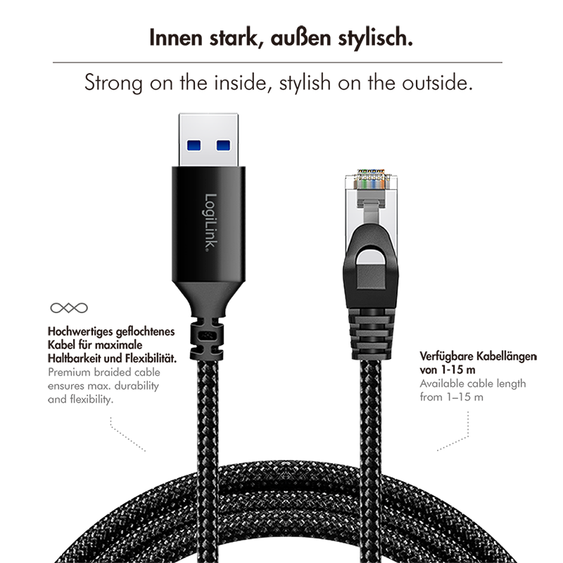 CU0400 USB 3.0 Ethernet cable, A/M to RJ45/M, 1 Gbps, active, black/grey, 1m